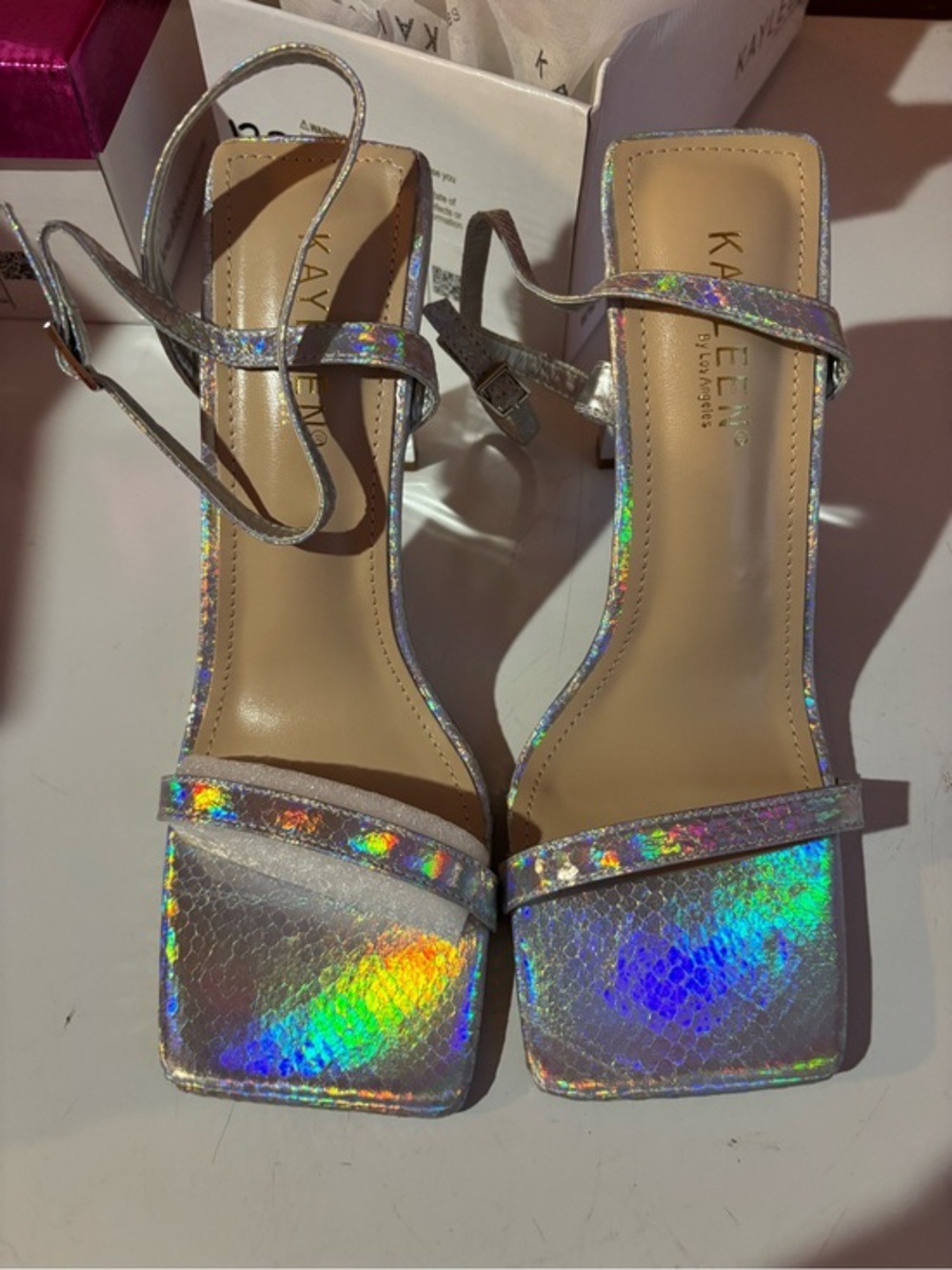 KAYLEEN By Los Angeles Briar Iridescent Holographic Square-Toe Strappy Heels